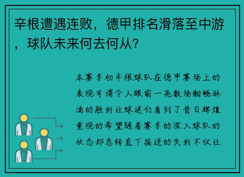 辛根遭遇连败，德甲排名滑落至中游，球队未来何去何从？